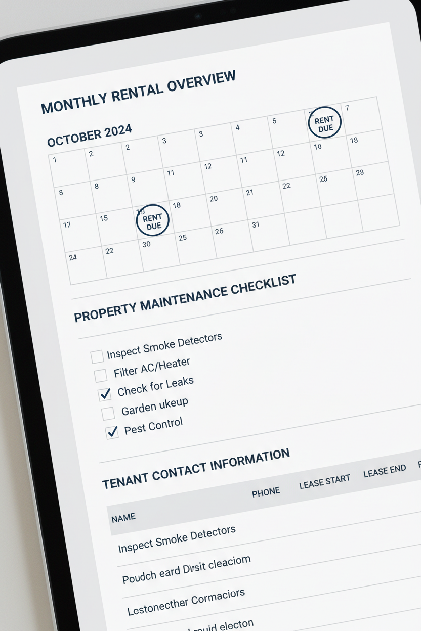 Dettaglio pagine planner affitti - calendario, manutenzioni e contatti inquilini