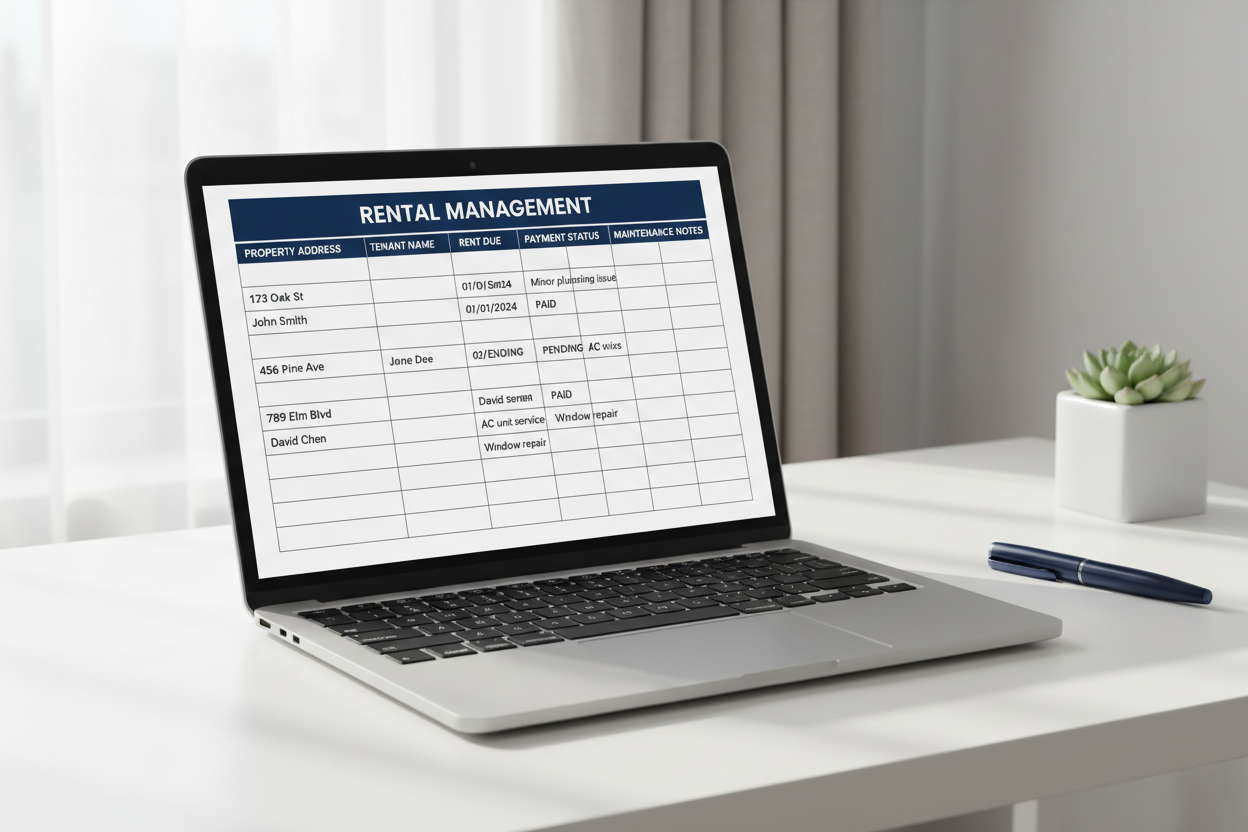 Planner gestione affitti su laptop - organizza proprietà, inquilini e scadenze